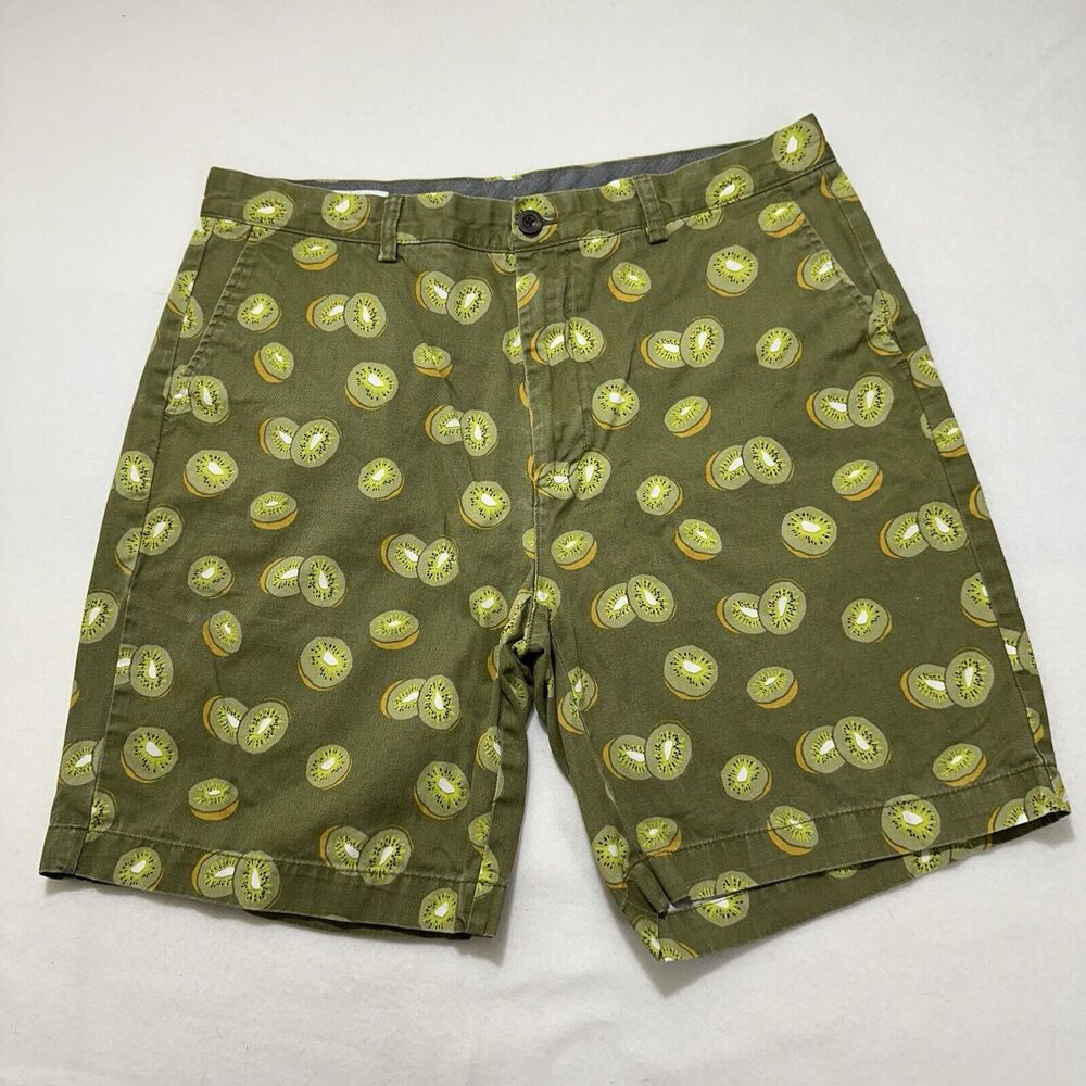 Amazon Essentials Men's 36 Kiwi Chino Shorts 8" Inseam Flat Front Fruit Pattern